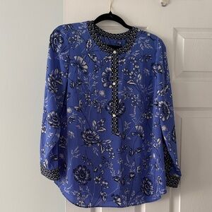 Talbots Blue Floral Blouse with Black Accents